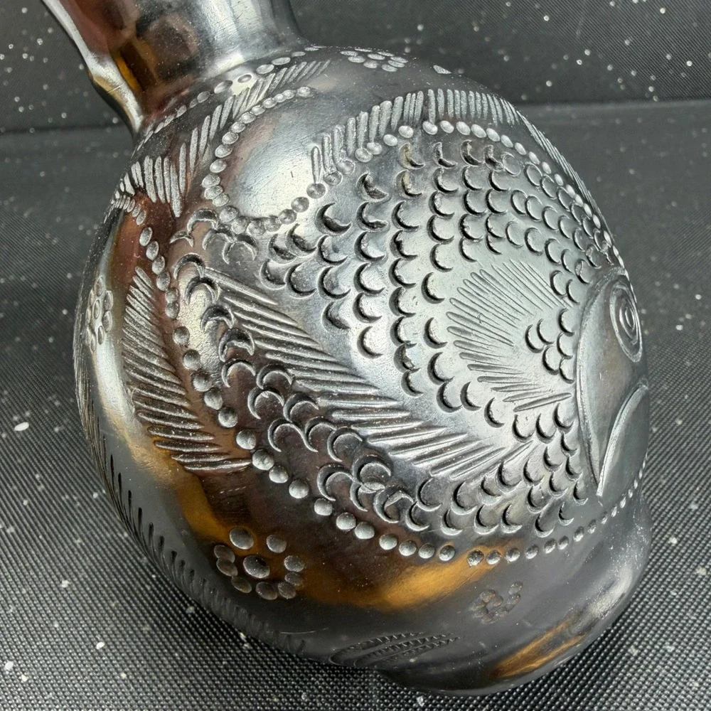 Dona Rosa Barro Negro Black Clay Fish Vase Oaxacan Mexican Folk Art 7in Vintage
